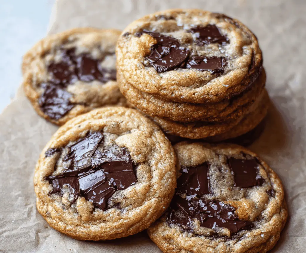 Delicious homemade brown butter chocolate chip cookies with golden edges and melty chocolate chips on a rustic wooden surface.