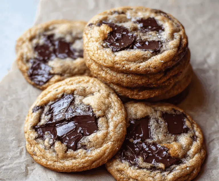 Delicious homemade brown butter chocolate chip cookies with golden edges and melty chocolate chips on a rustic wooden surface.