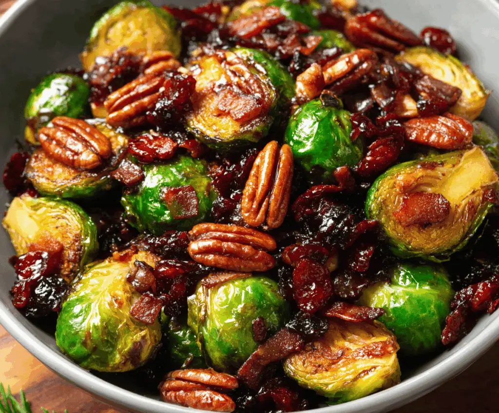 Delicious roasted Brussels sprouts topped with crispy bacon, toasted pecans, sweet cranberries, and drizzled balsamic glaze, a savory and festive vegetable side dish.
