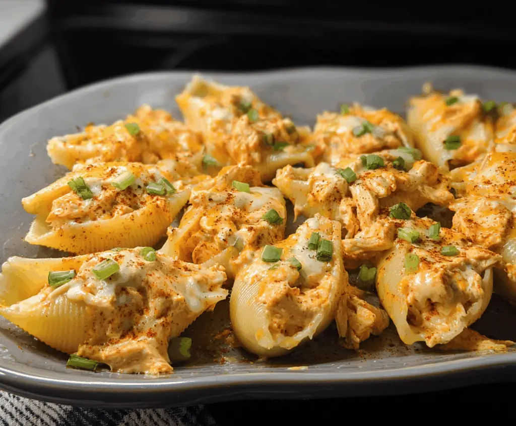 Delicious Buffalo Chicken Stuffed Shells topped with melted cheese and drizzled with buffalo sauce on a white plate.