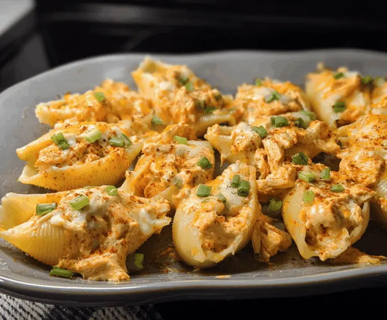 Delicious Buffalo Chicken Stuffed Shells topped with melted cheese and drizzled with buffalo sauce on a white plate.