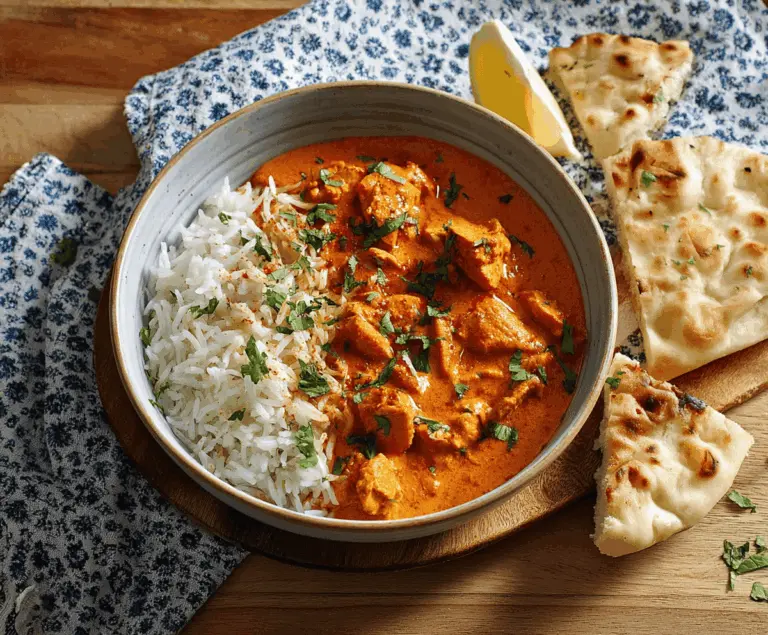 Delicious butter chicken with creamy tomato sauce served with rice on a white plate