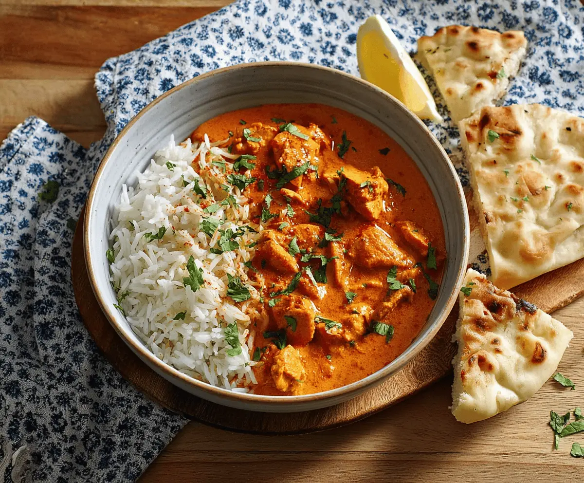 Delicious butter chicken with creamy tomato sauce served with rice on a white plate