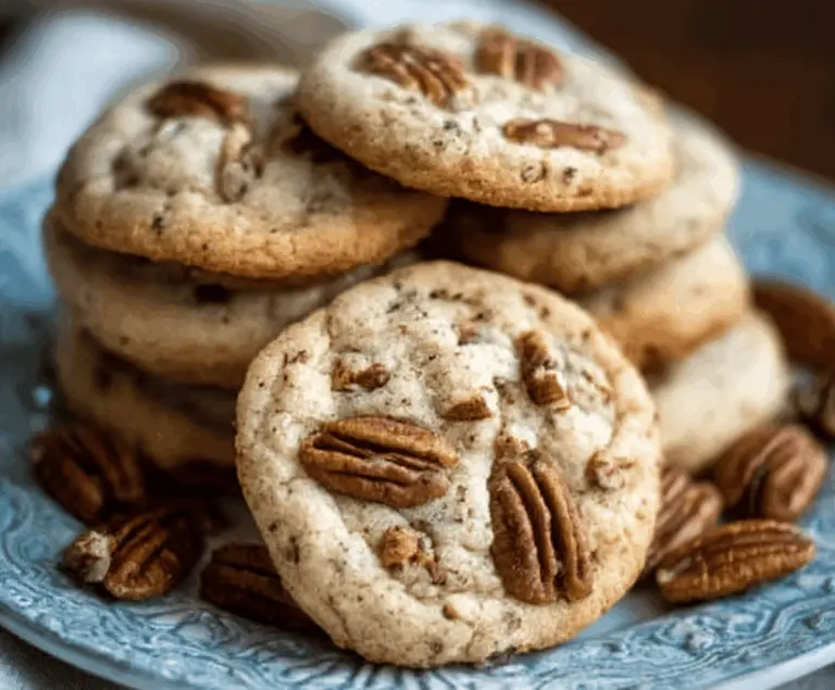 Delicious butter pecan cookies with a golden brown exterior and crunchy pecan pieces on top.