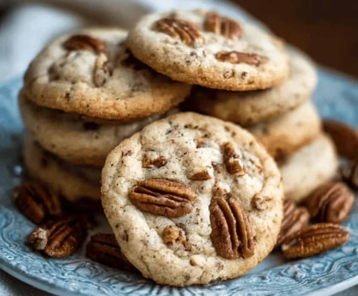 Delicious butter pecan cookies with a golden brown exterior and crunchy pecan pieces on top.
