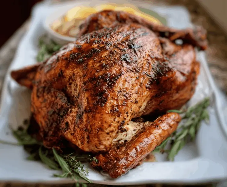 Juicy Cajun roasted turkey seasoned with bold spices and crispy skin on a platter.