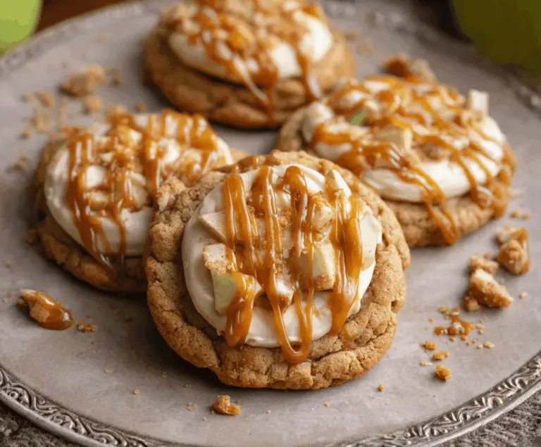 Delicious caramel apple cookies with a golden brown exterior and sweet apple filling.