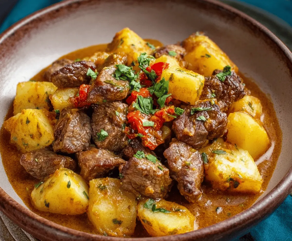 Delicious Carne Con Papas served on a plate with tender beef and crispy potatoes, garnished with fresh herbs