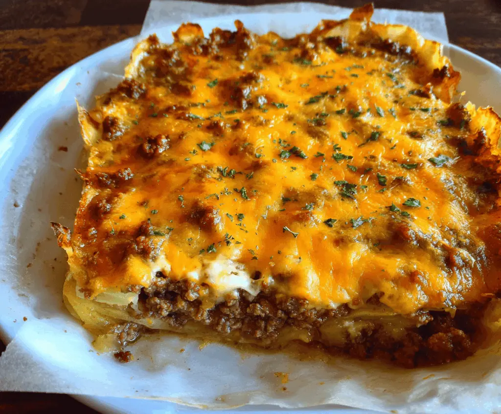 Delicious cheesy ground beef and potato casserole topped with melted cheese and fresh herbs, served hot on a plate