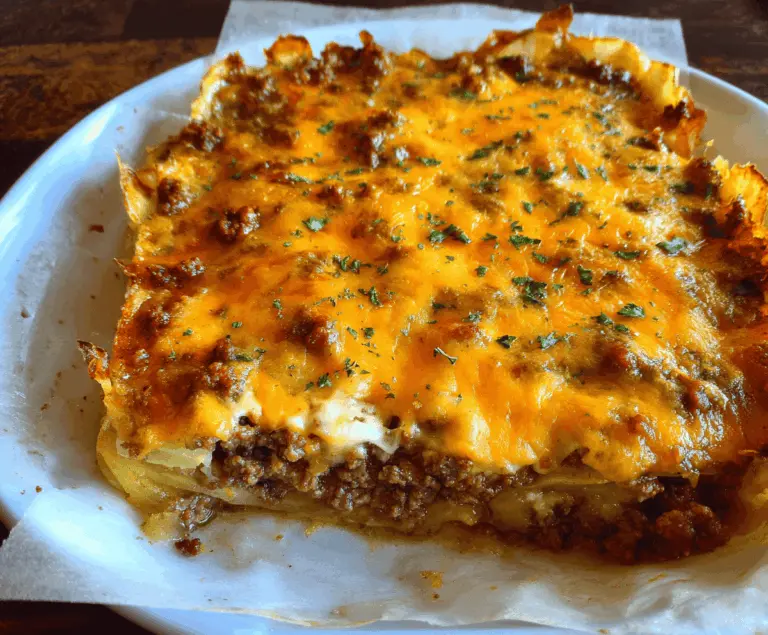 Delicious cheesy ground beef and potato casserole topped with melted cheese and fresh herbs, served hot on a plate