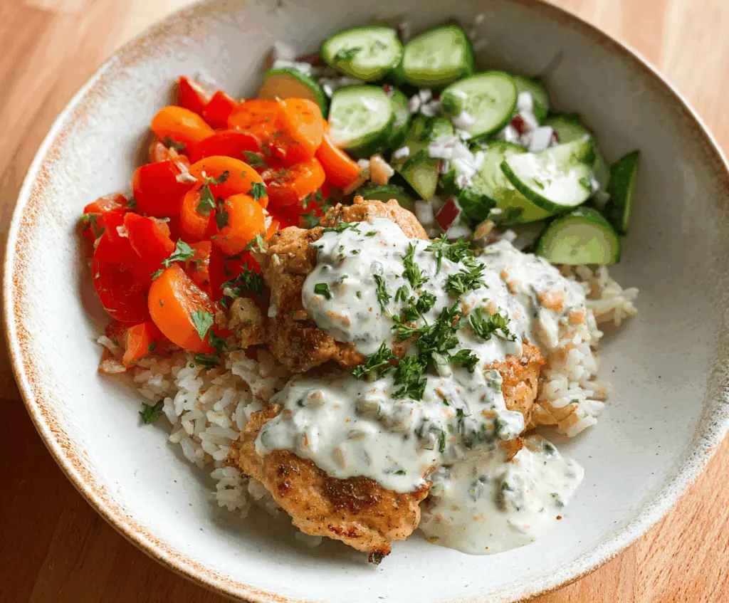 Delicious chicken and rice bowls topped with creamy garlic sauce, garnished with fresh herbs for a flavorful meal