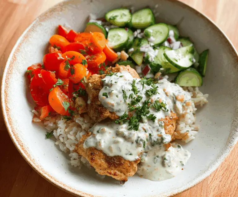 Delicious chicken and rice bowls topped with creamy garlic sauce, garnished with fresh herbs for a flavorful meal