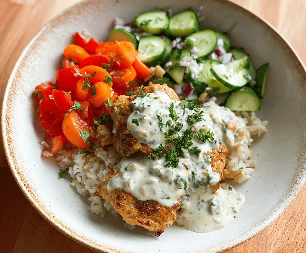 Delicious chicken and rice bowls topped with creamy garlic sauce, garnished with fresh herbs for a flavorful meal