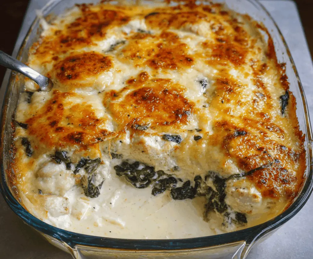 Delicious Chicken and Spinach Casserole topped with creamy melted cheese, perfect for a healthy, comforting meal.