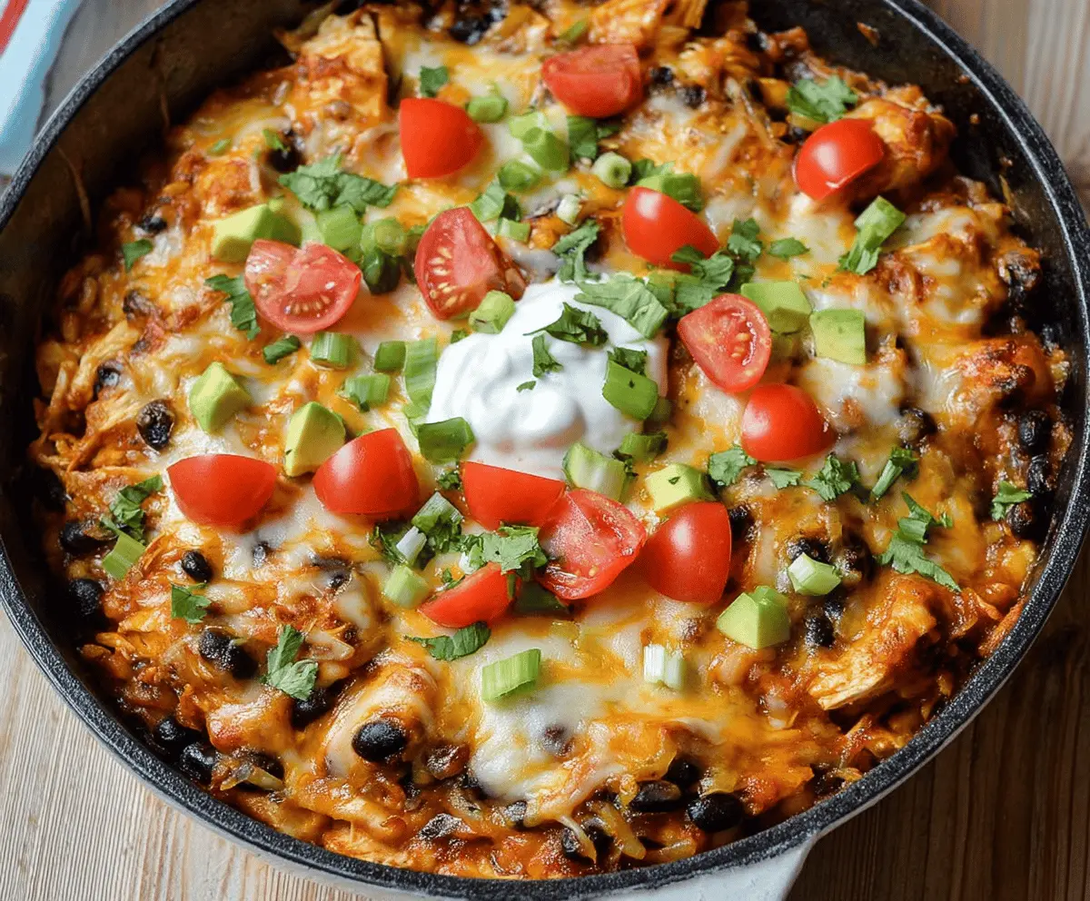 Delicious Chicken Black Bean Enchilada Skillet topped with melted cheese and fresh cilantro, served in a skillet with colorful ingredients.