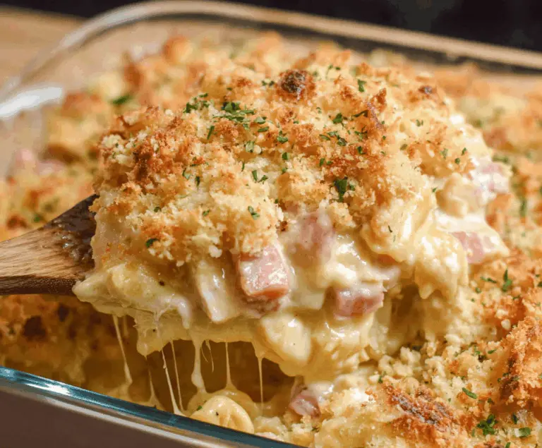 Creamy Chicken Cordon Bleu Casserole with ham, cheese, and crispy breadcrumbs in a baked dish