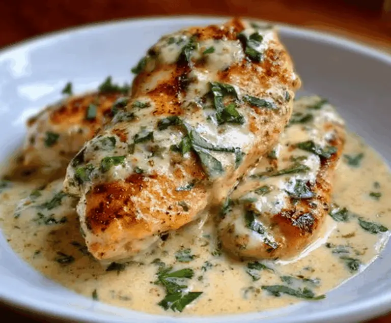 Delicious chicken in a creamy basil sauce served on a plate with fresh herbs.