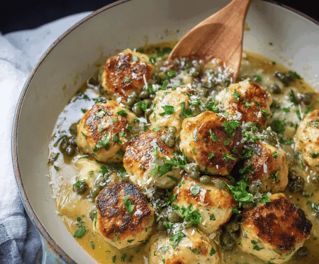 Juicy chicken piccata meatballs served with lemon slices and fresh herbs on a white plate, ready to enjoy