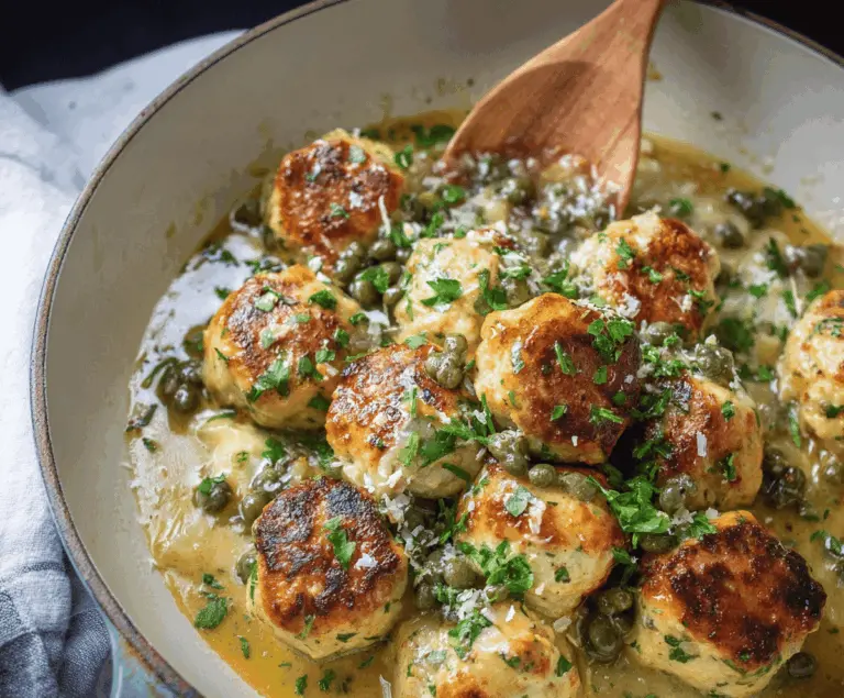 Juicy chicken piccata meatballs served with lemon slices and fresh herbs on a white plate, ready to enjoy