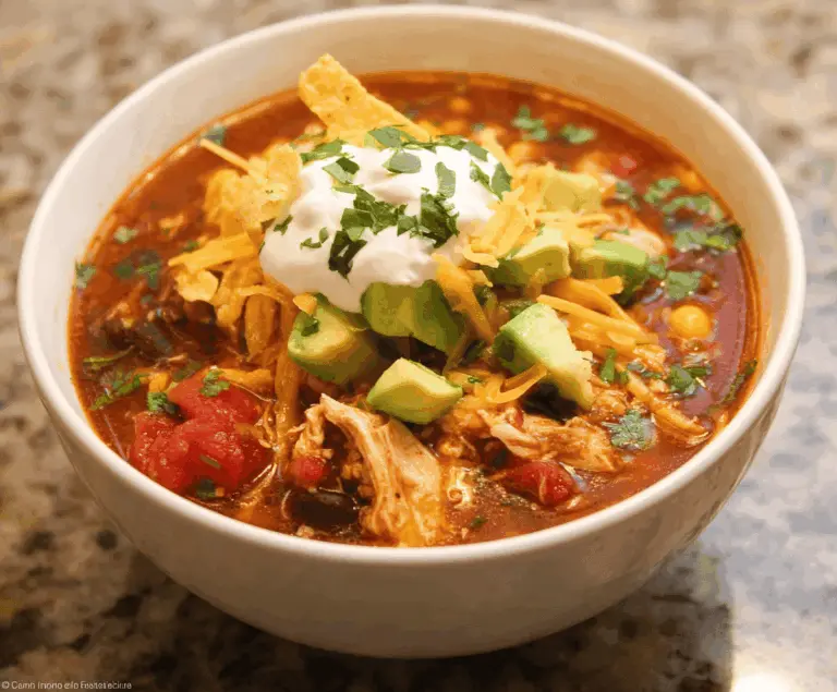 Delicious Chicken Taco Soup in a bowl with shredded chicken, corn, beans, and topped with fresh cilantro and cheese, served with tortilla chips