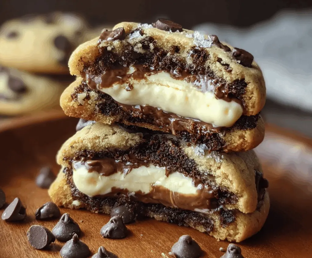 Delicious homemade chocolate chip cookies filled with creamy cheesecake, perfect for dessert or sweet cravings.