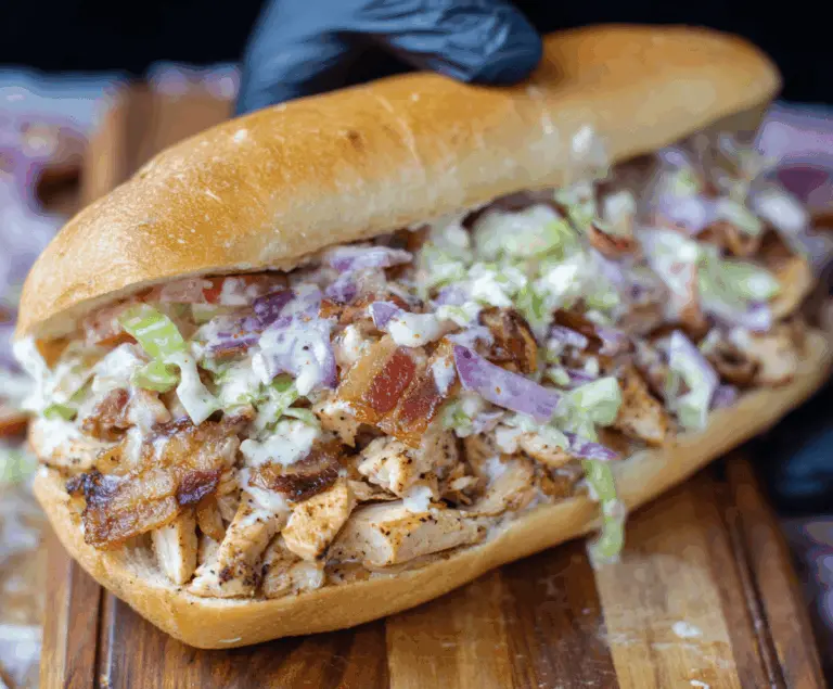 Delicious chopped chicken bacon ranch sandwich with fresh lettuce, tomato, and melted cheese on a toasted bun, ready to enjoy.