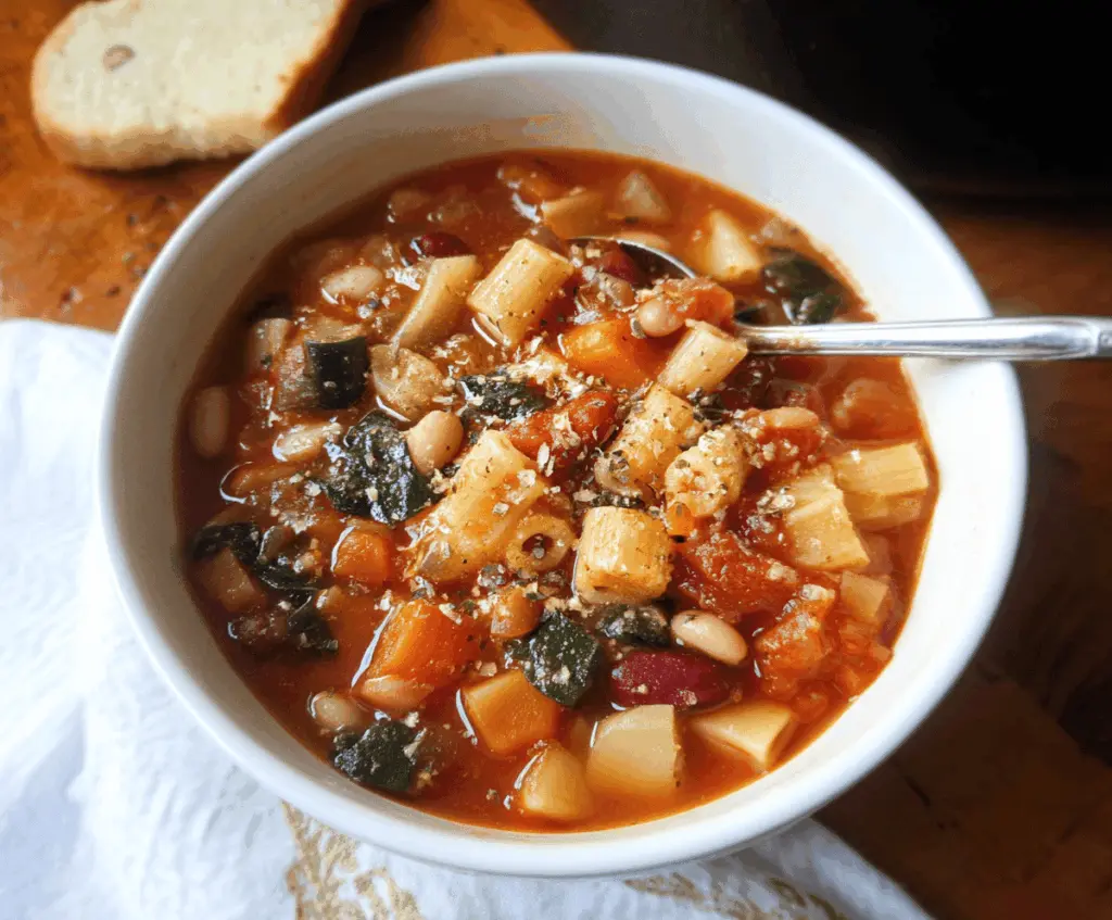 A bowl of hearty classic minestrone soup filled with vegetables, beans, pasta, and herbs, served in a rustic bowl with fresh bread on the side.