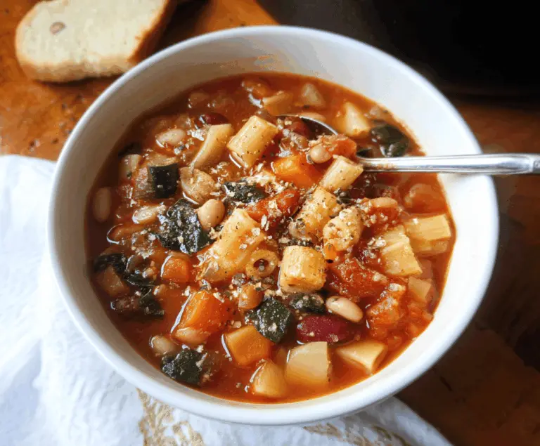 A bowl of hearty classic minestrone soup filled with vegetables, beans, pasta, and herbs, served in a rustic bowl with fresh bread on the side.