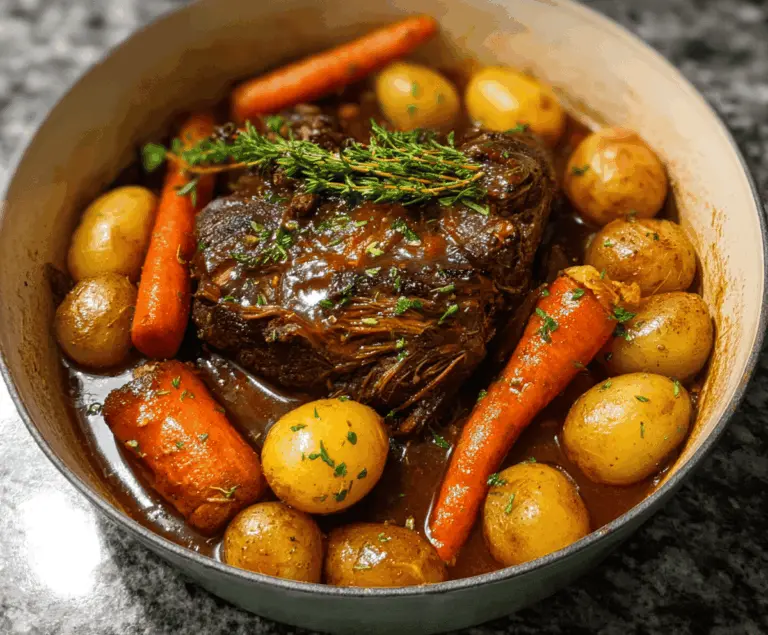 Juicy and tender classic pot roast served with roasted vegetables on a rustic plate