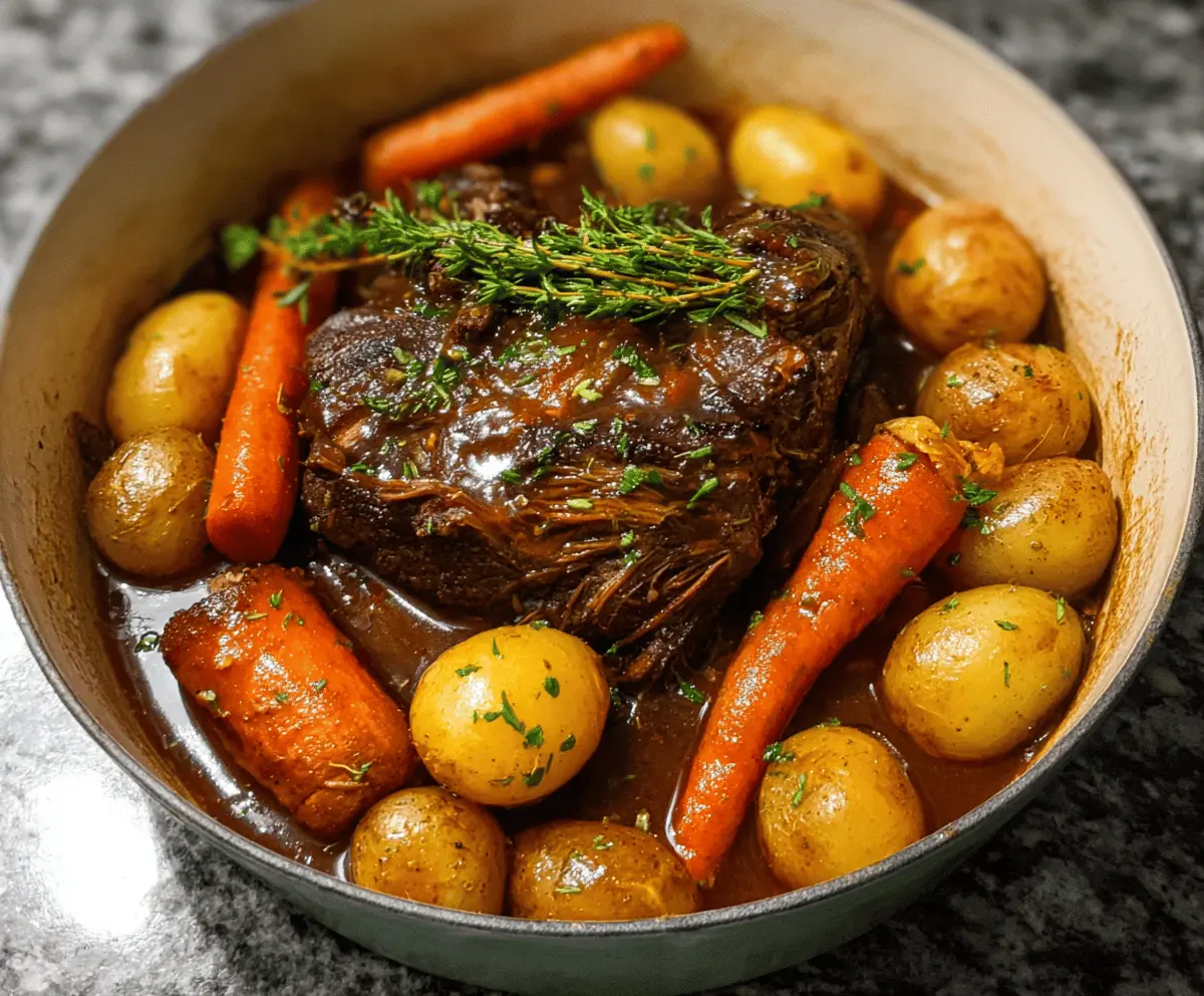 Juicy and tender classic pot roast served with roasted vegetables on a rustic plate