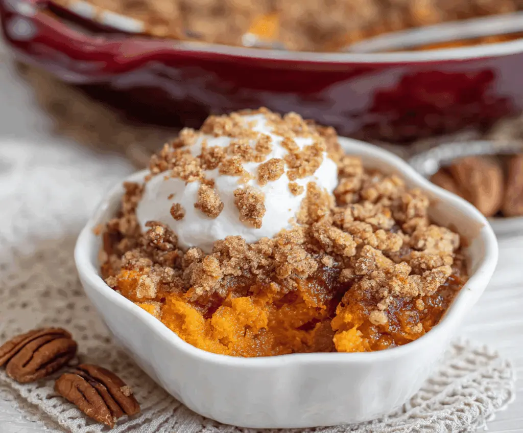 Delicious Copycat Ruth’s Chris Sweet Potato Casserole topped with marshmallows and pecans, served hot on a holiday table.