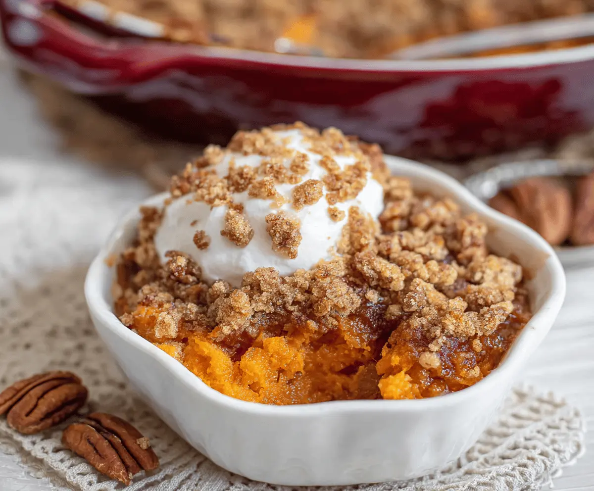 Delicious Copycat Ruth’s Chris Sweet Potato Casserole topped with marshmallows and pecans, served hot on a holiday table.
