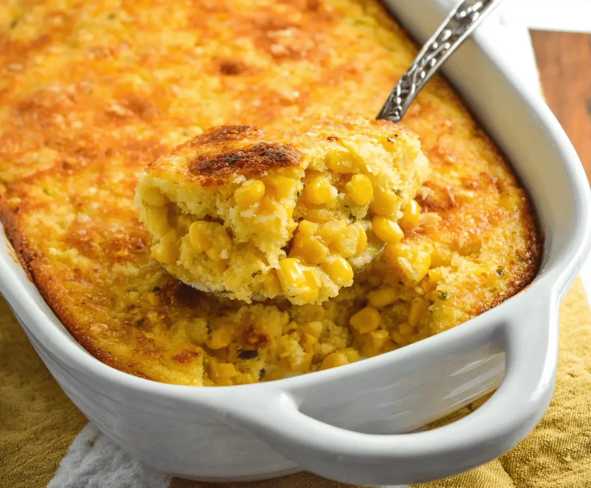 Creamy homemade corn pudding served in a baking dish with golden topping, perfect for a comforting side dish.