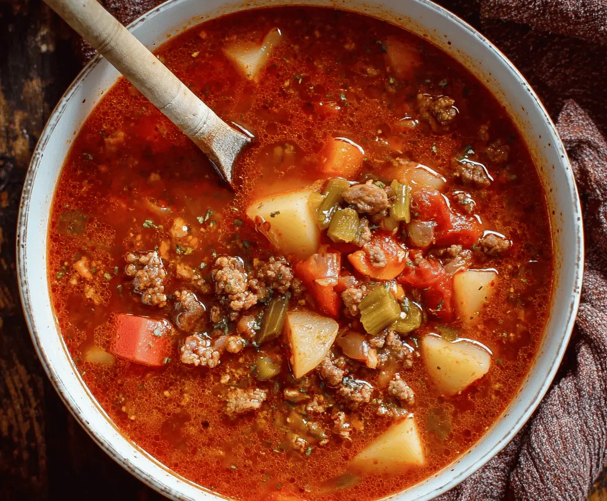 A hearty bowl of Cowboy Soup featuring chunks of beef, vegetables, beans, and spices served in a rustic bowl with fresh herbs on top.