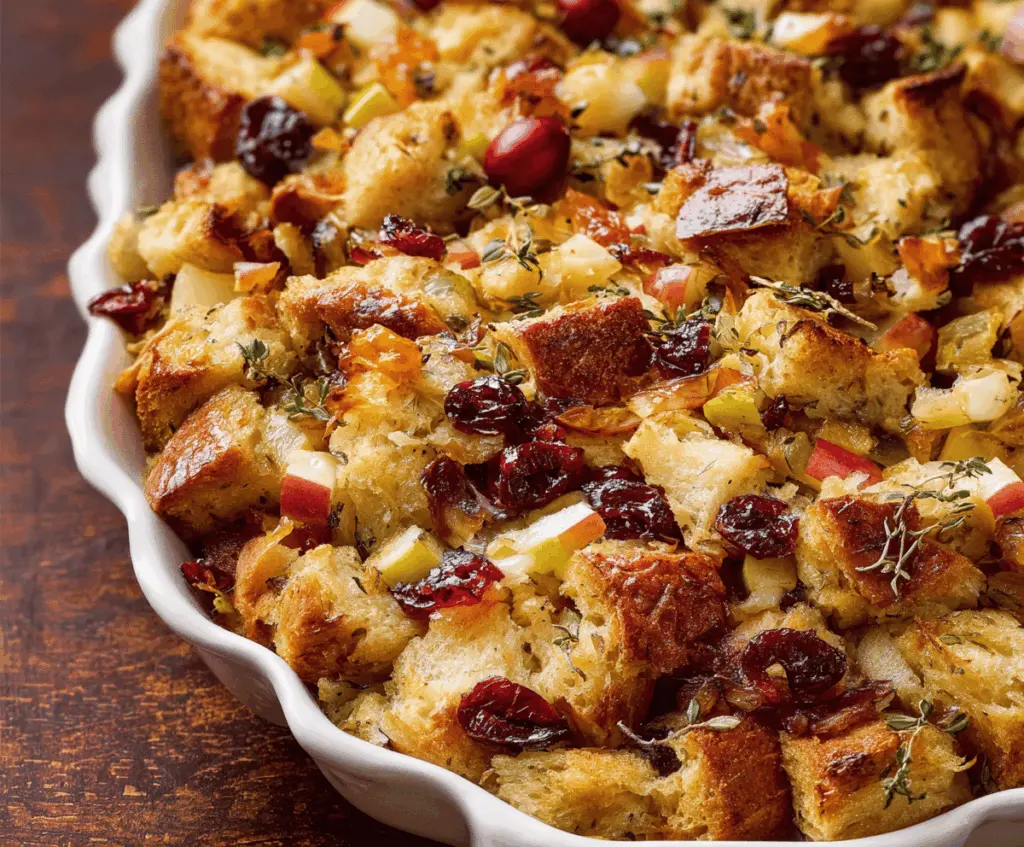 Fresh Cranberry Apple Stuffing in a serving dish with vibrant cranberries, diced apples, herbs, and bread cubes, perfect for holiday dinners.