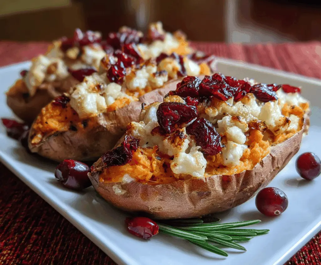 Delicious cranberry apple twice-baked sweet potatoes with a vibrant mixture of fresh cranberries and diced apples on a serving plate.