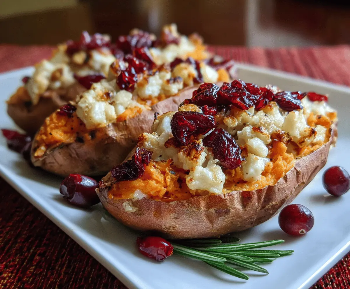 Delicious cranberry apple twice-baked sweet potatoes with a vibrant mixture of fresh cranberries and diced apples on a serving plate.