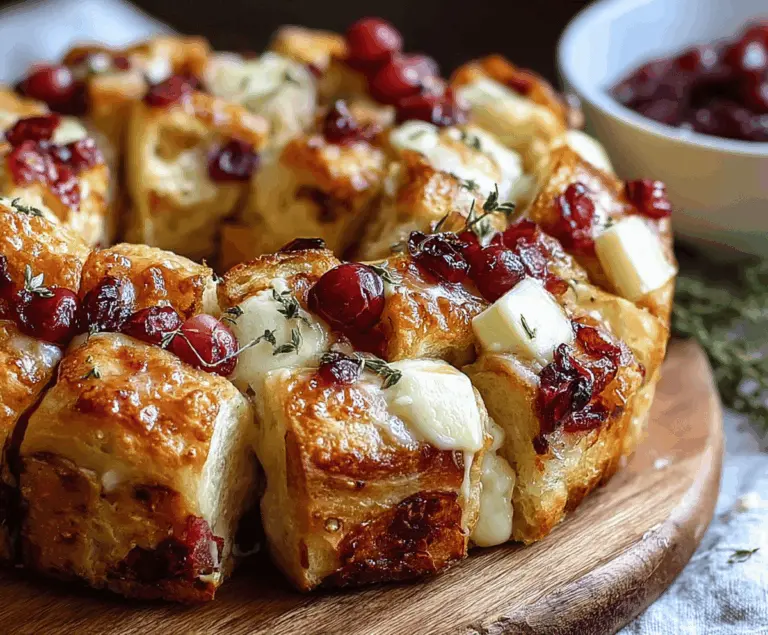 Delicious Cranberry Brie Pull-Apart Bread Bites with fresh cranberries and melted Brie cheese on a cutting board.