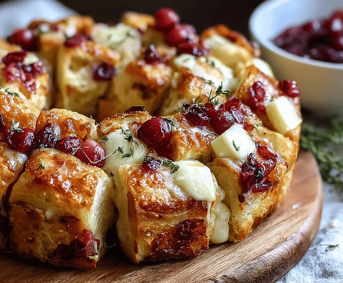 Delicious Cranberry Brie Pull-Apart Bread Bites with fresh cranberries and melted Brie cheese on a cutting board.