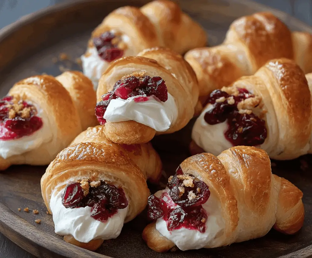 Creamy cranberry and cream cheese filling inside flaky crescent rolls for Cranberry Cream Cheese Crescent Bites.
