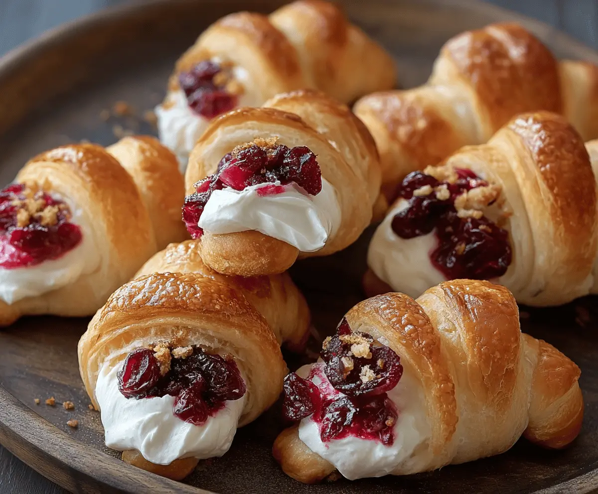 Creamy cranberry and cream cheese filling inside flaky crescent rolls for Cranberry Cream Cheese Crescent Bites.