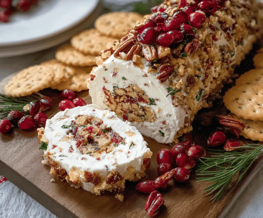 Delicious Cranberry Pecan Cheese Log appetizer with creamy cheese, tart cranberries, and crunchy pecans on a festive platter.