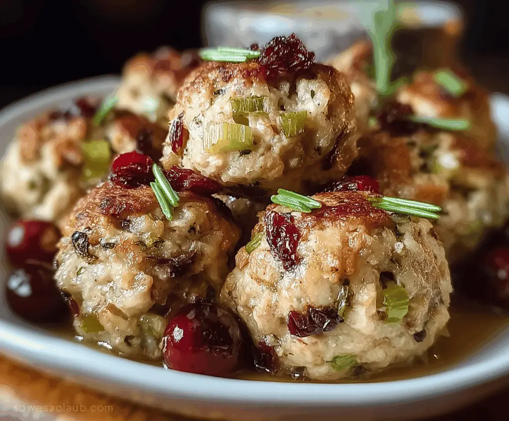 Delicious Cranberry Turkey Stuffing Balls served on a plate with fresh cranberries and herbs, perfect for holiday dinners.
