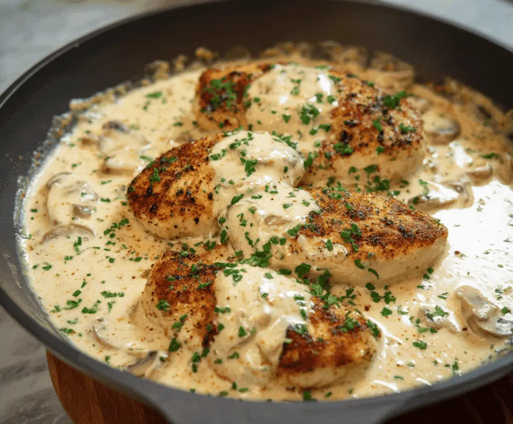 Cream Cheese Chicken served with fresh herbs and vegetables, featuring tender, flavorful chicken breasts topped with creamy cheese sauce.