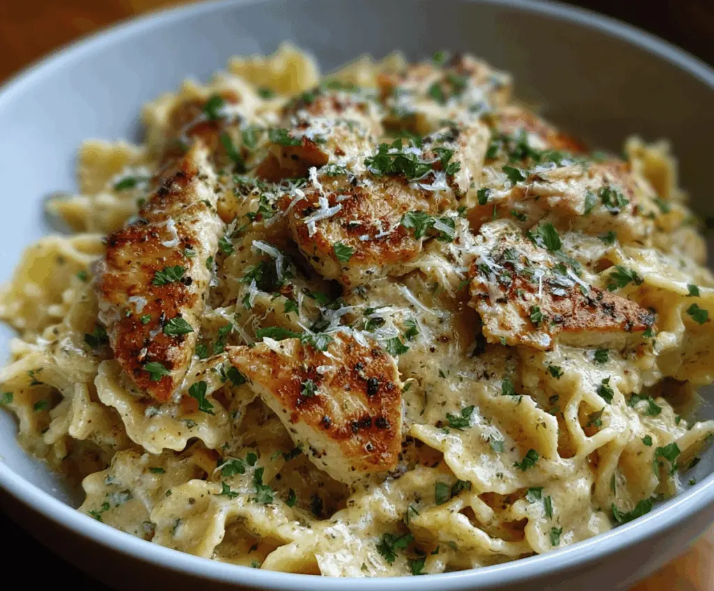 Creamy garlic Parmesan chicken pasta dish topped with fresh herbs and melted cheese, served on a white plate