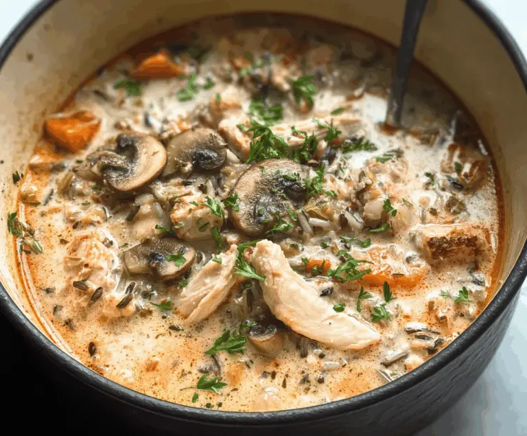 Creamy Mushroom Chicken and Wild Rice Soup in a bowl with fresh herbs and sliced mushrooms, showcasing a comforting and hearty meal