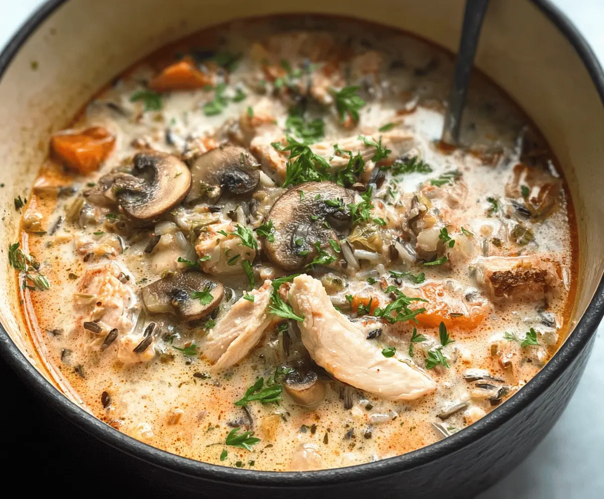 Creamy Mushroom Chicken and Wild Rice Soup in a bowl with fresh herbs and sliced mushrooms, showcasing a comforting and hearty meal