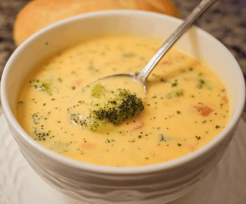 Creamy Potato, Broccoli, and Cheddar Soup served in a bowl with fresh ingredients and garnished with shredded cheese