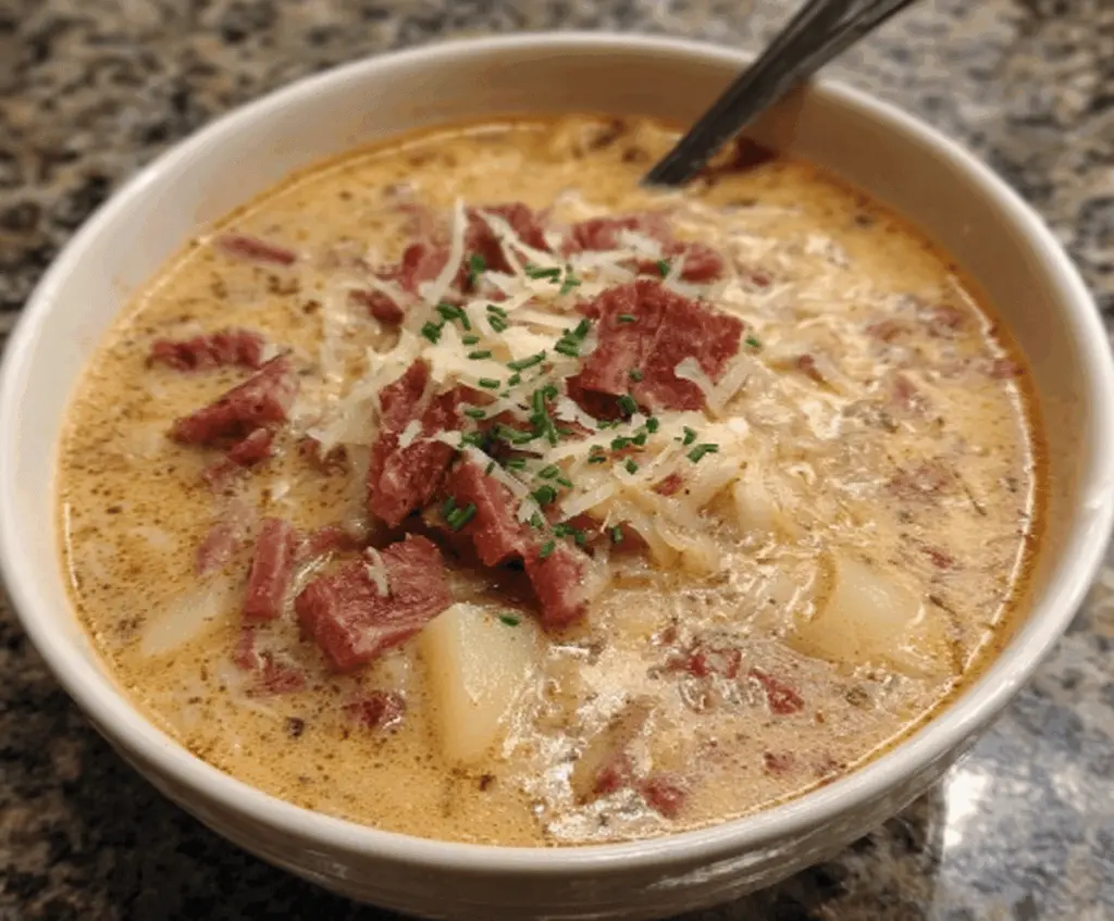 A bowl of creamy Reuben soup topped with melted cheese, rye bread croutons, and fresh herbs, showcasing a hearty, flavorful appetizer or meal option.