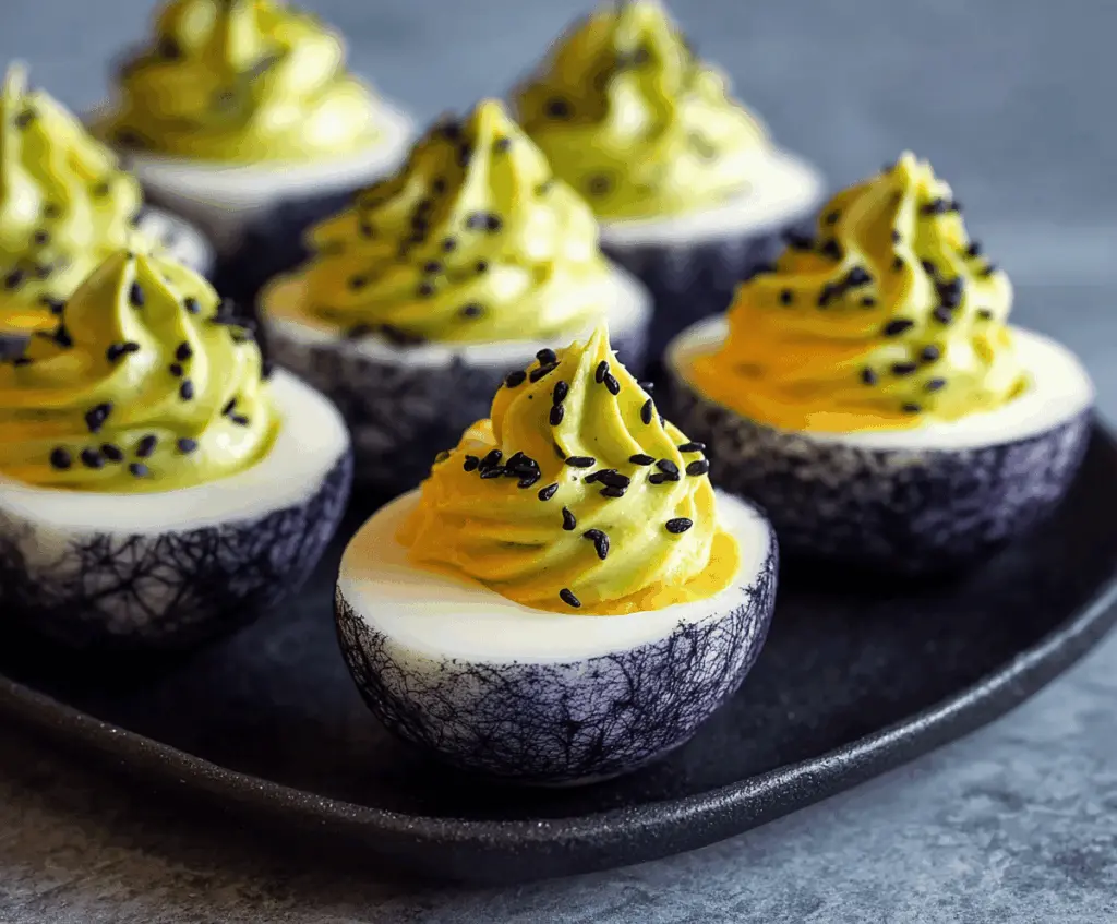 Spooky creepy deviled eggs decorated with scary face designs for Halloween party
